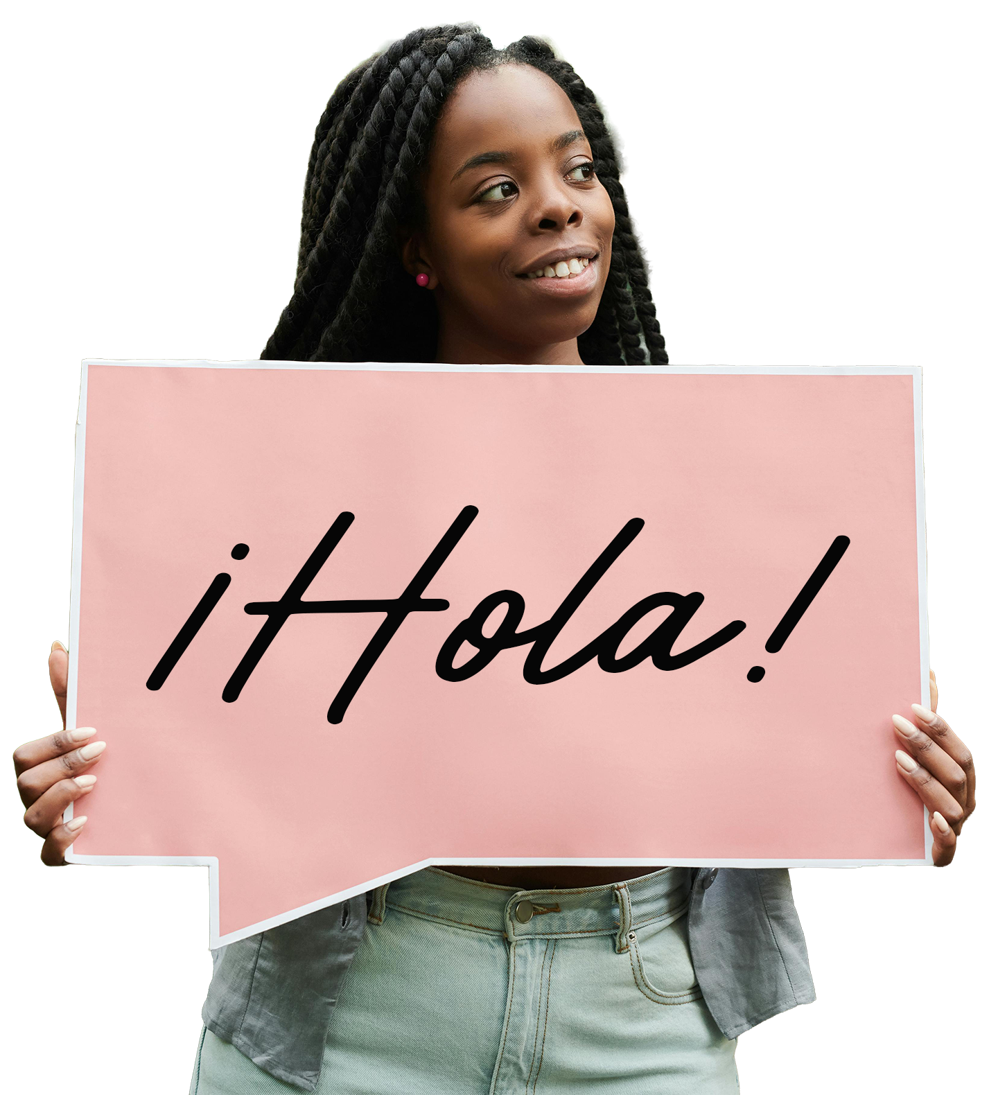 young woman holding a sign
